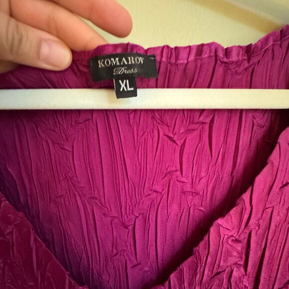 Komarov Fuchsia Purple Short Sleeve V-neck Midi Dress Sheer Sleeves Crinkle XL - Picture 3 of 8
